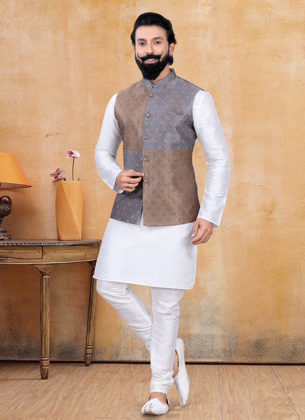 Nehru Jackets Jacquard Brown Grey Fancy Work Mens