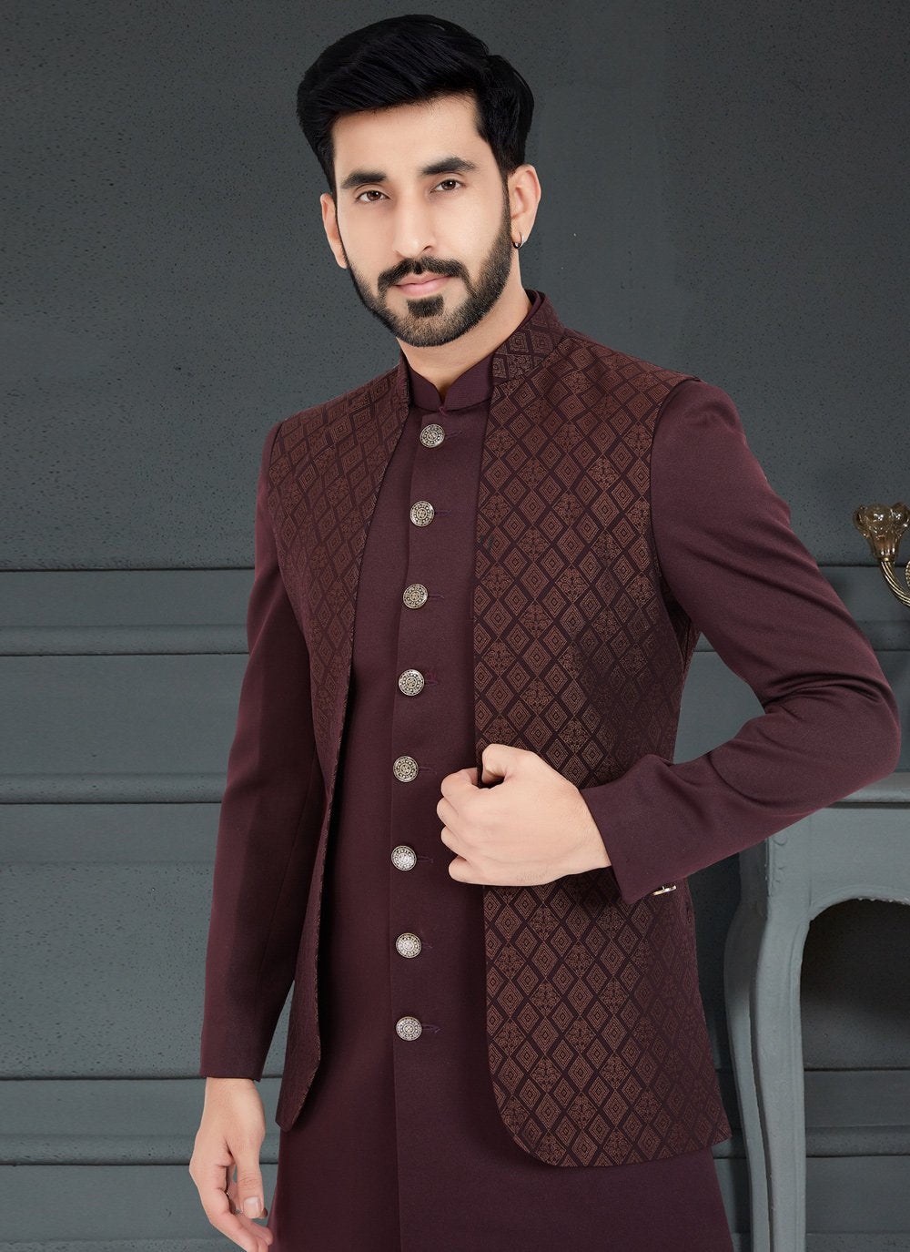 Indo Western Jacquard Brown Maroon Weaving Mens