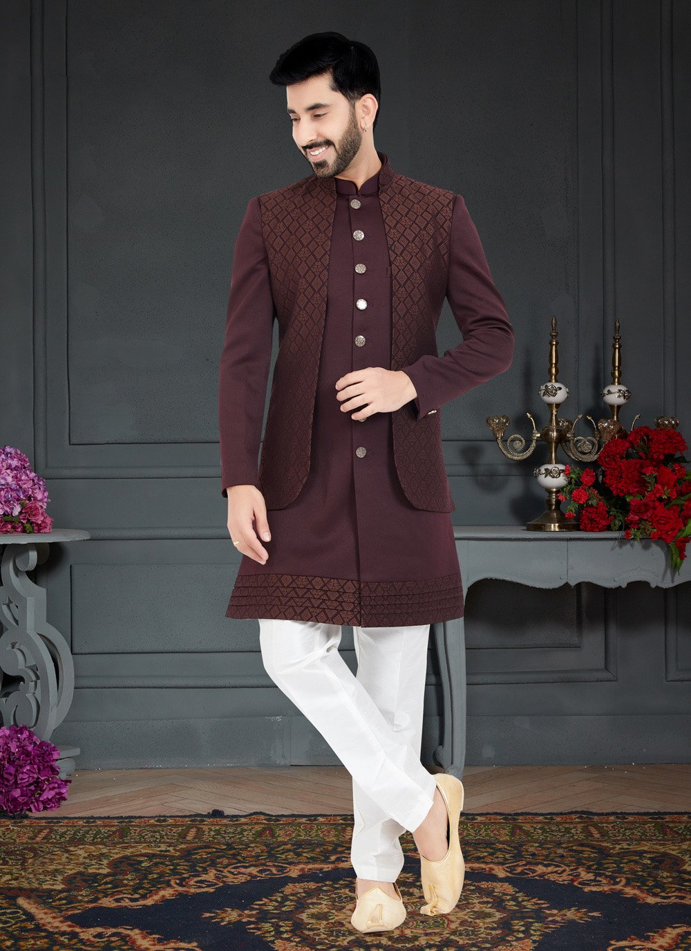 Indo Western Jacquard Brown Maroon Weaving Mens