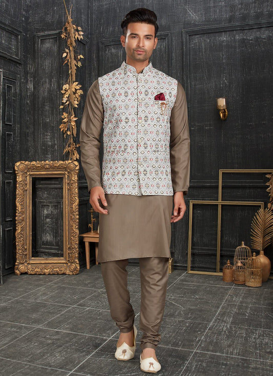 Kurta Payjama With Jacket Cotton Brown Off White Chicken Mens