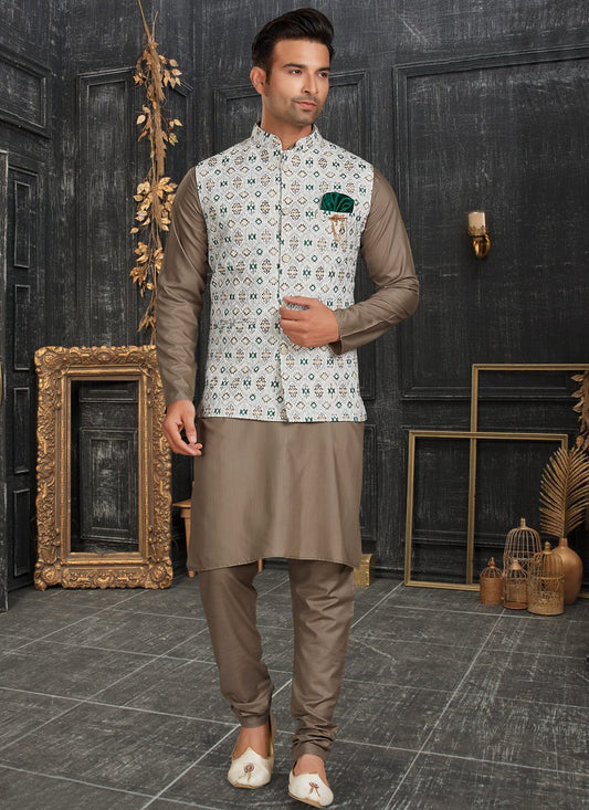 Kurta Payjama With Jacket Cotton Brown Off White Chicken Mens