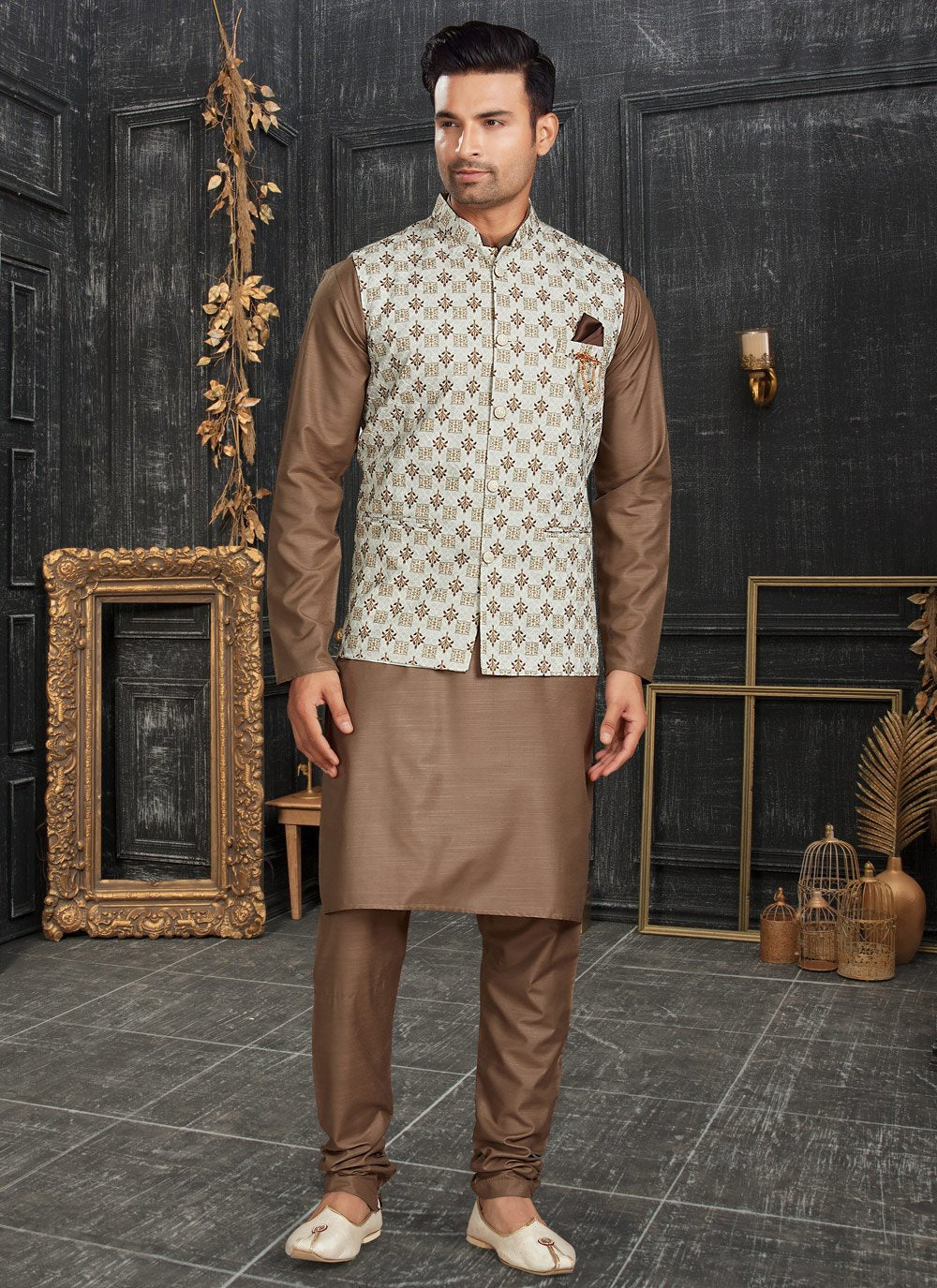 Kurta Payjama With Jacket Cotton Brown Off White Chicken Mens