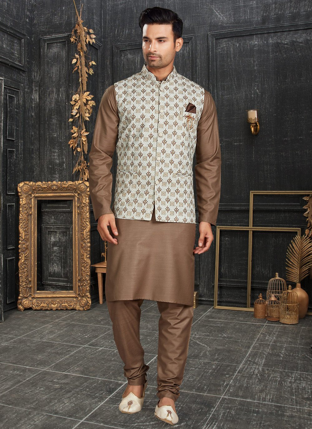 Kurta Payjama With Jacket Cotton Brown Off White Chicken Mens