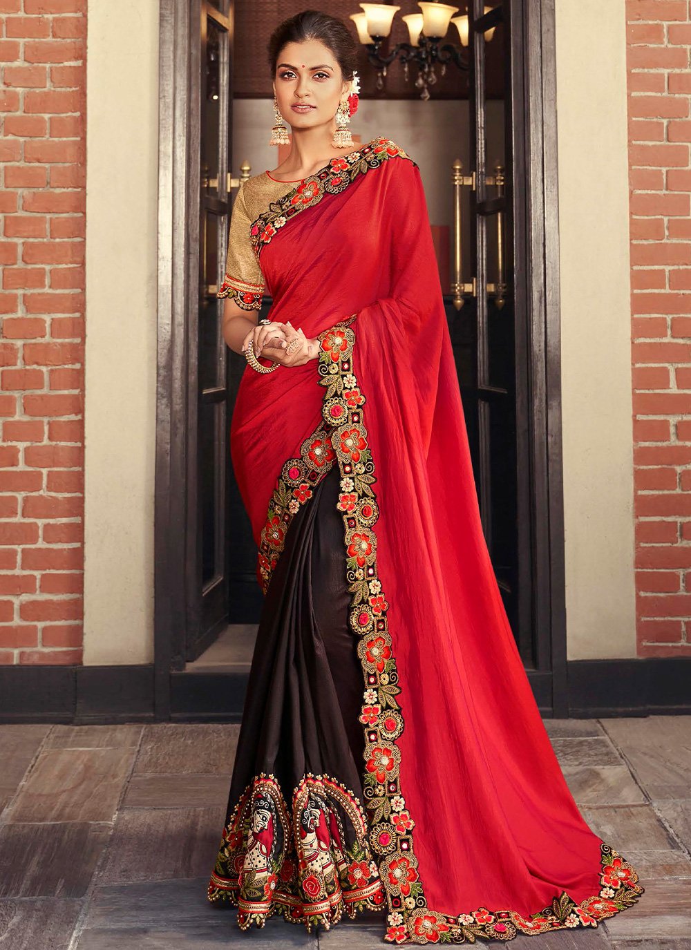 Traditional Saree Silk Brown Orange Embroidered Saree