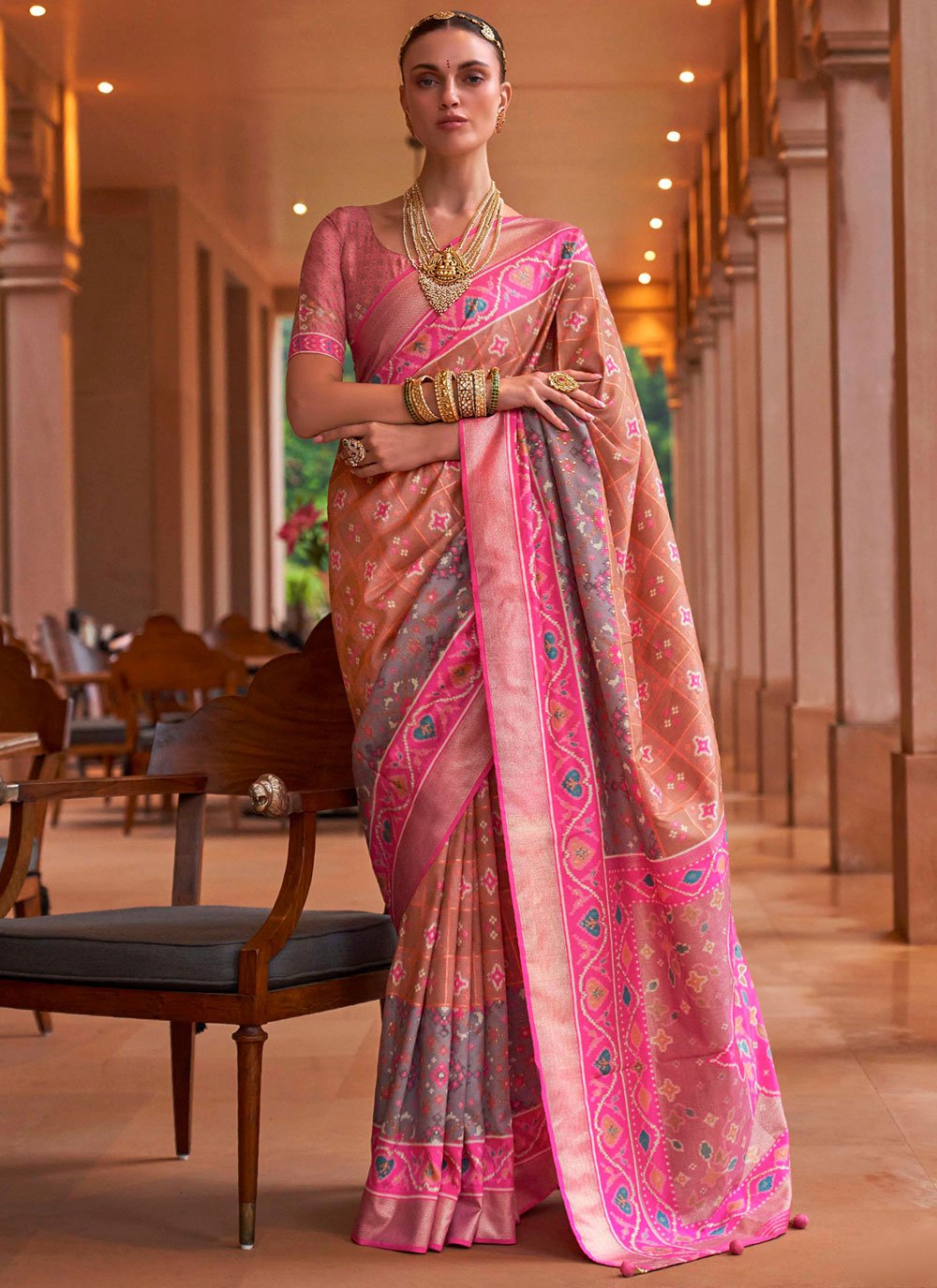 Trendy Saree Patola Silk Brown Pink Patch Border Saree