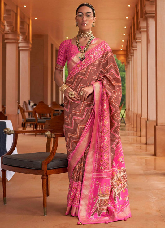 Trendy Saree Patola Silk Brown Pink Patch Border Saree