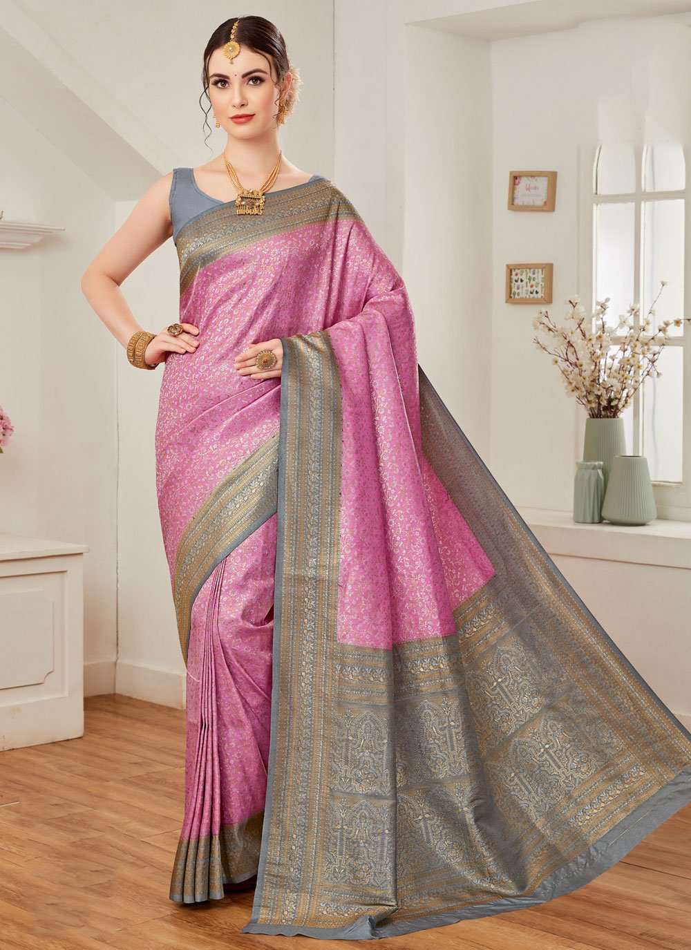 Classic Silk Brown Pink Weaving Saree