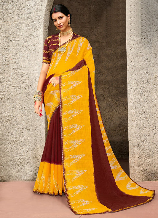 Trendy Saree Faux Chiffon Brown Yellow Print Saree