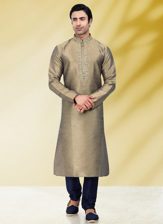 Kurta Pyjama Art Banarasi Silk Brown Embroidered Mens