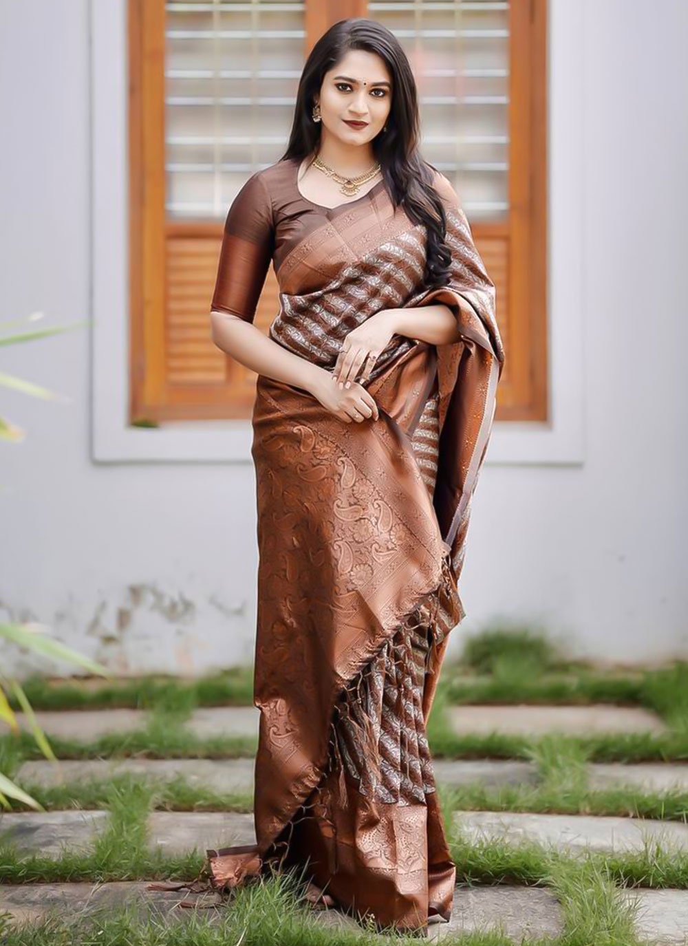 Contemporary Banarasi Silk Brown Print Saree