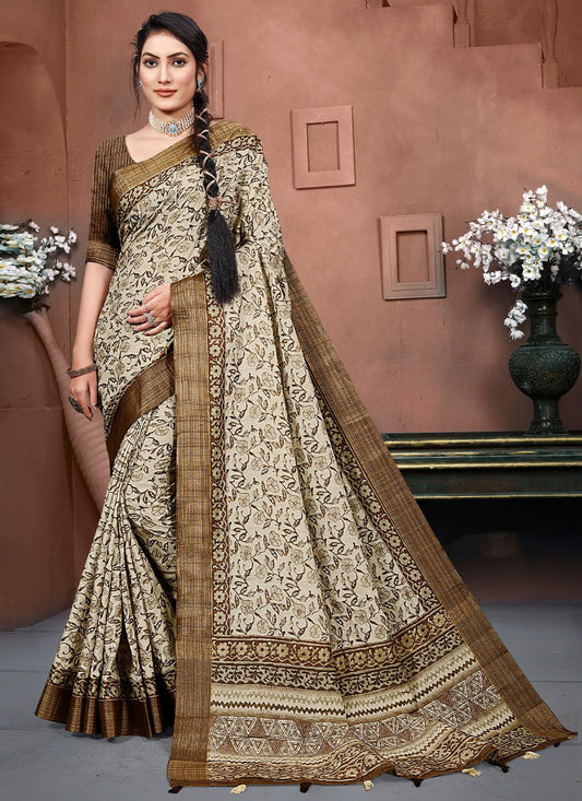 Contemporary Banarasi Silk Brown Digital Print Saree