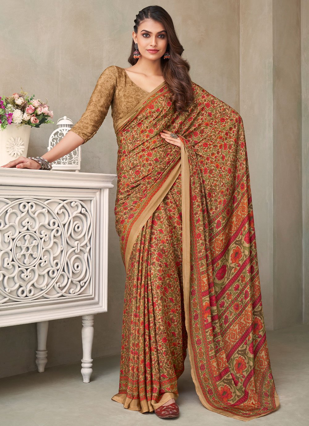 Contemporary Faux Crepe Silk Brown Print Saree