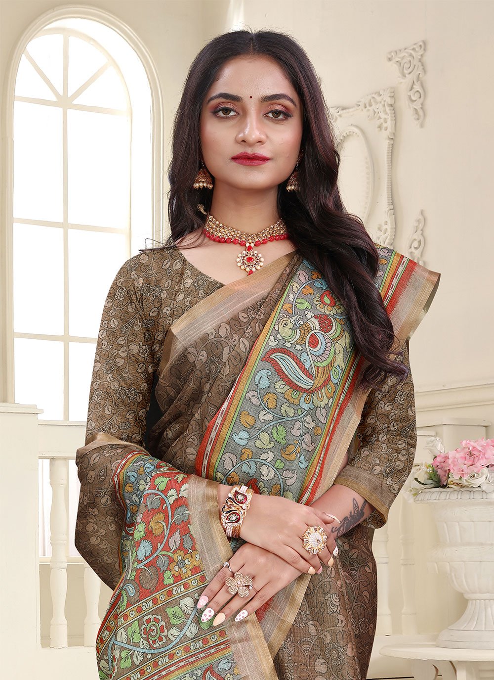 Contemporary Cotton Silk Brown Digital Print Saree