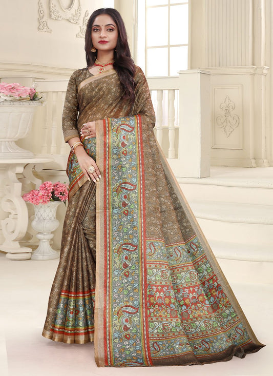 Contemporary Cotton Silk Brown Digital Print Saree