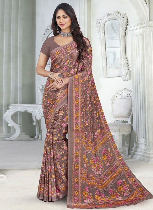 Contemporary Faux Crepe Brown Print Saree