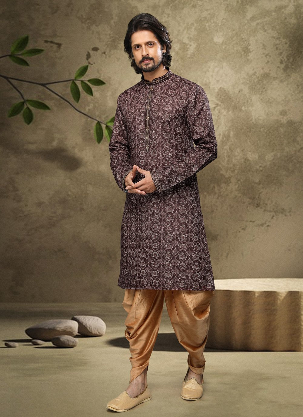 Dhoti Kurta Handloom Cotton Brown Digital Print Mens