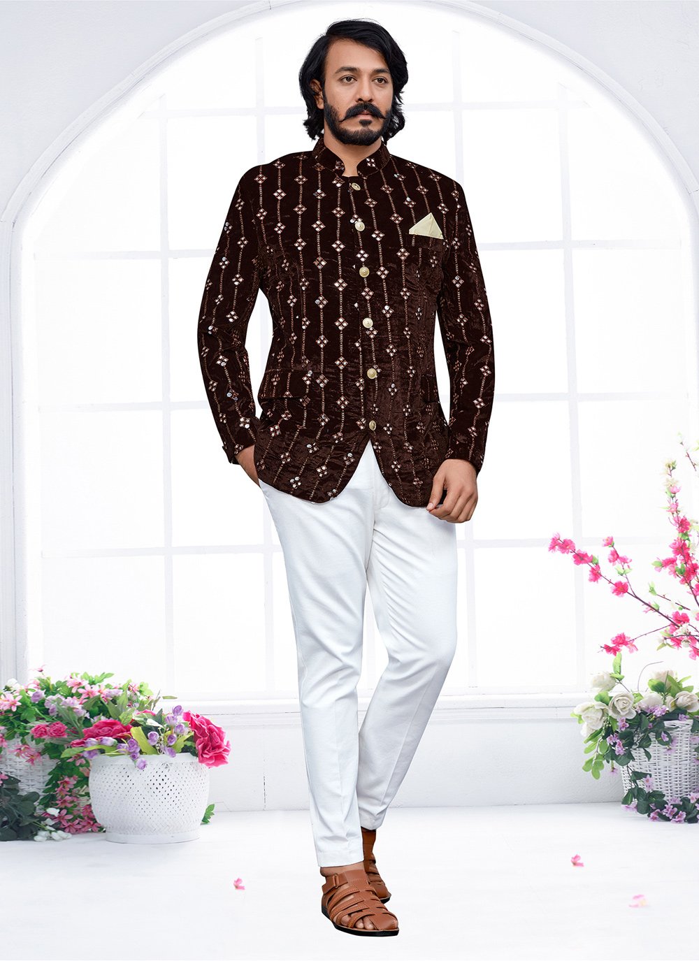 Jodhpuri Suit Velvet Brown Embroidered Mens