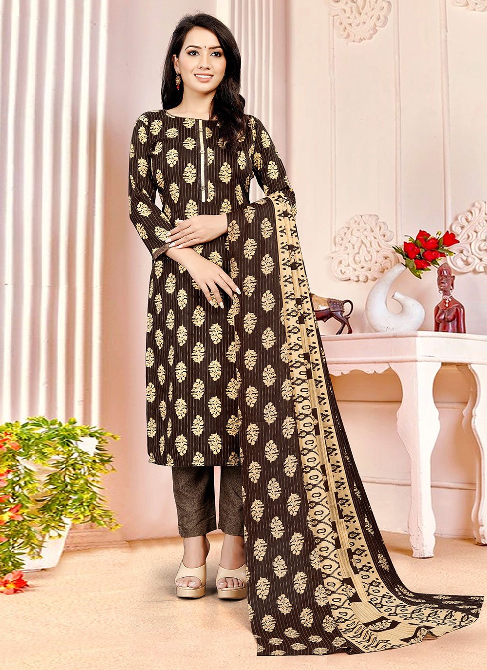 Pant Style Suit Cotton Brown Buttons Salwar Kameez