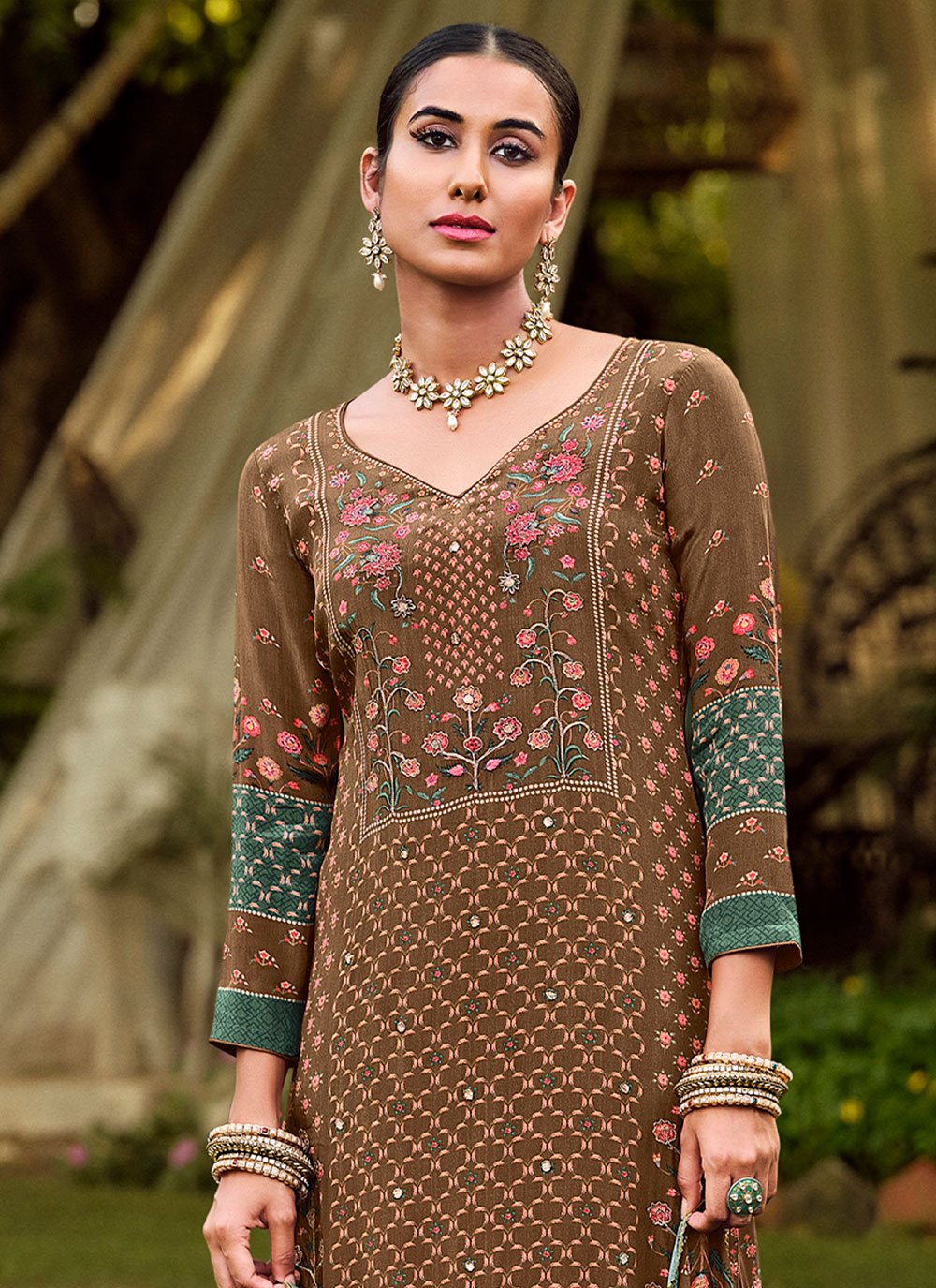 Salwar Suit Pure Crepe Brown Embroidered Salwar Kameez