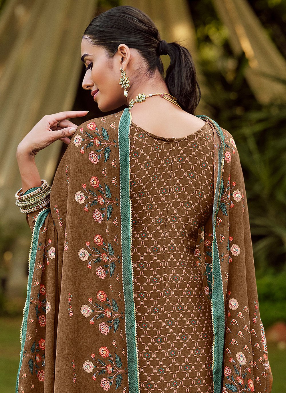 Salwar Suit Pure Crepe Brown Embroidered Salwar Kameez