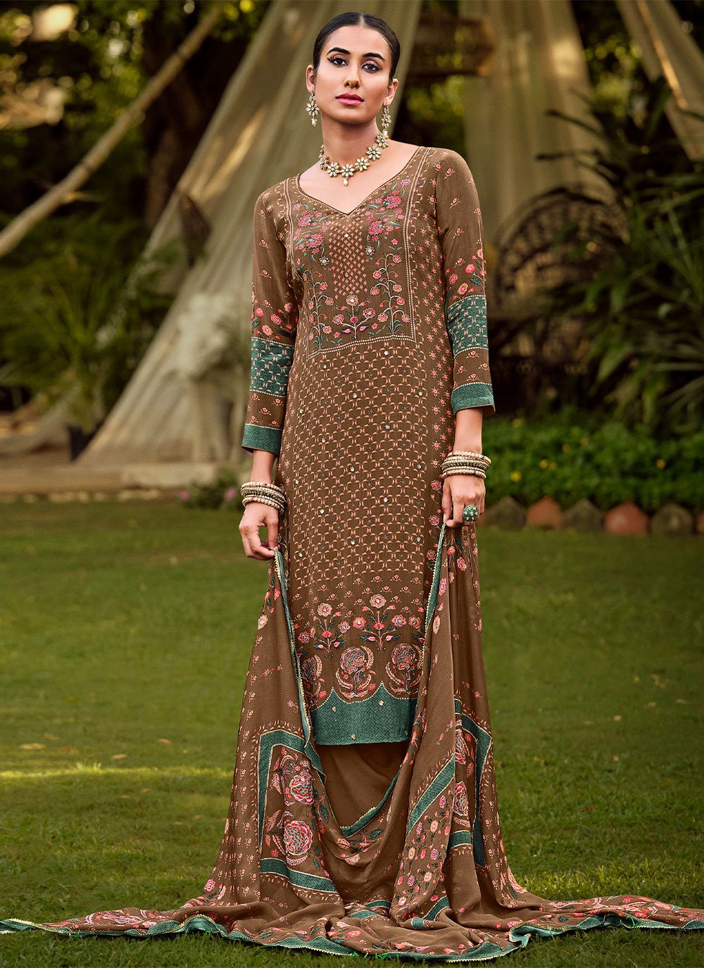 Salwar Suit Pure Crepe Brown Embroidered Salwar Kameez