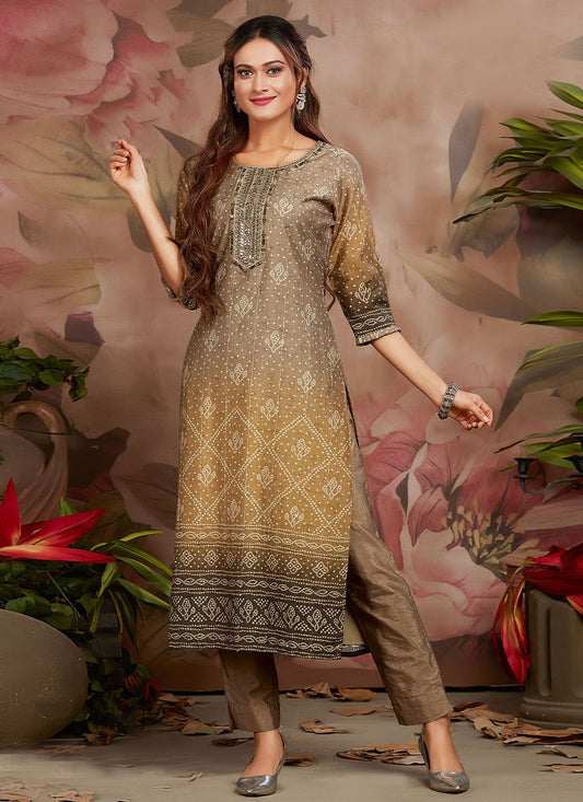 Casual Kurti Chanderi Brown Digital Print Kurtis