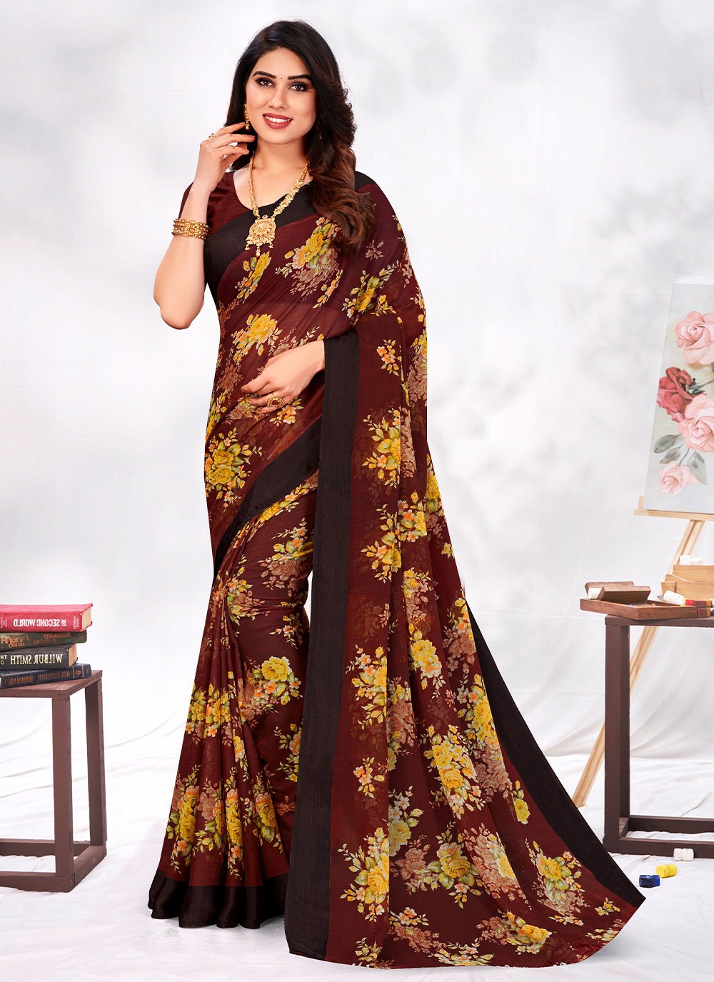 Classic Chiffon Brown Floral Patch Saree