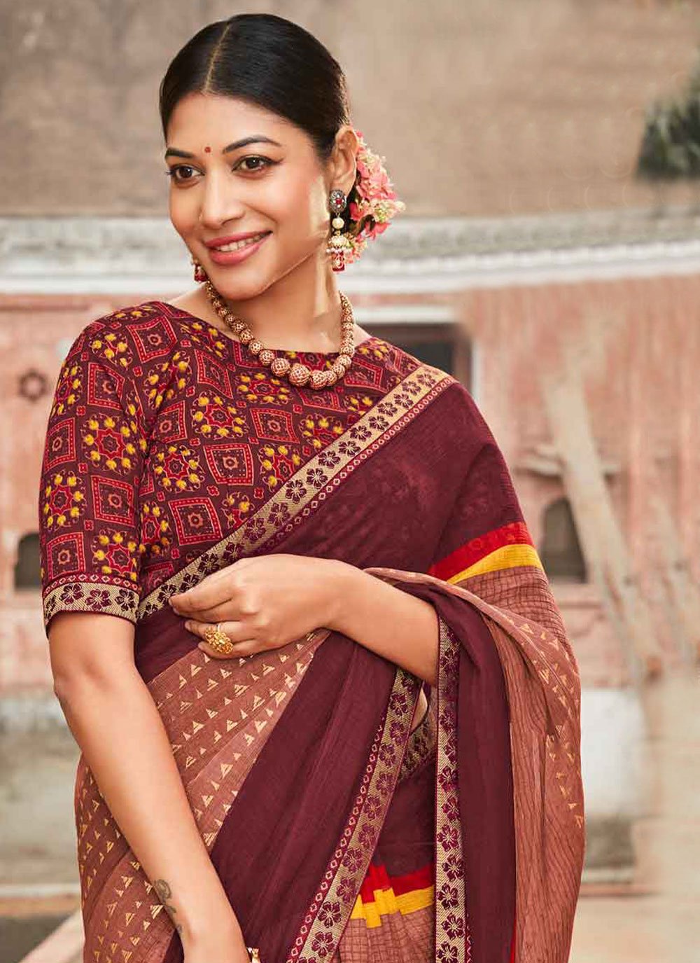 Trendy Saree Chiffon Brown Fancy Work Saree