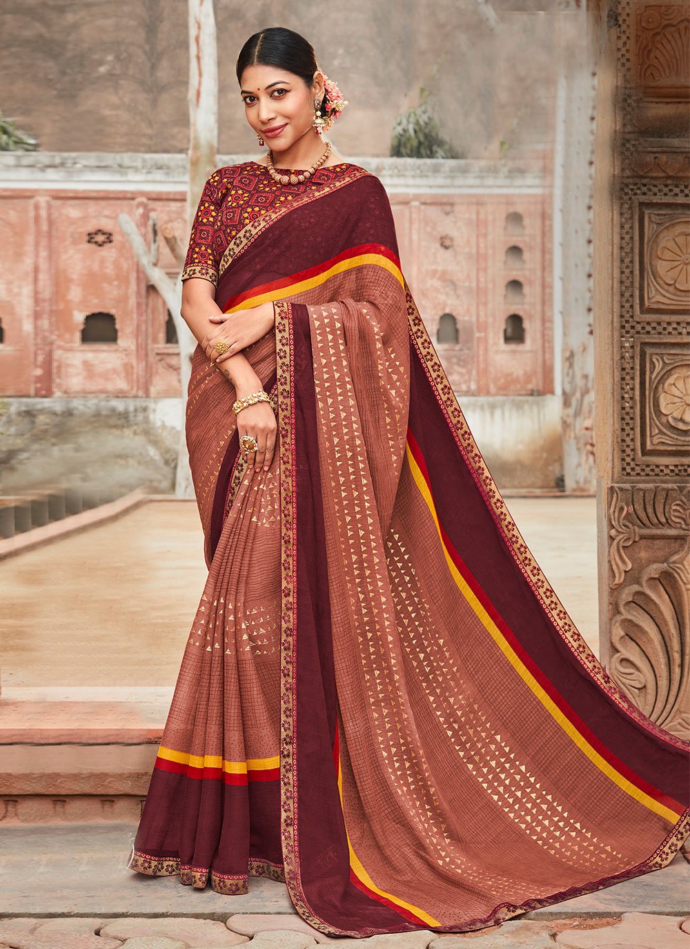 Trendy Saree Chiffon Brown Fancy Work Saree