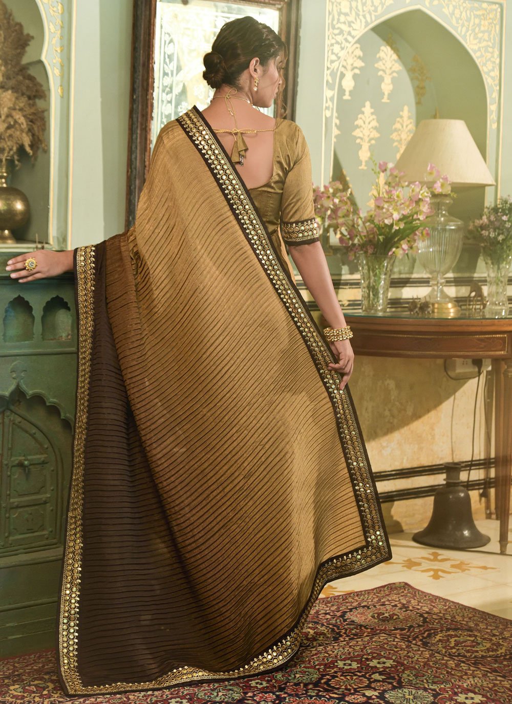 Trendy Saree Chinon Brown Embroidered Saree