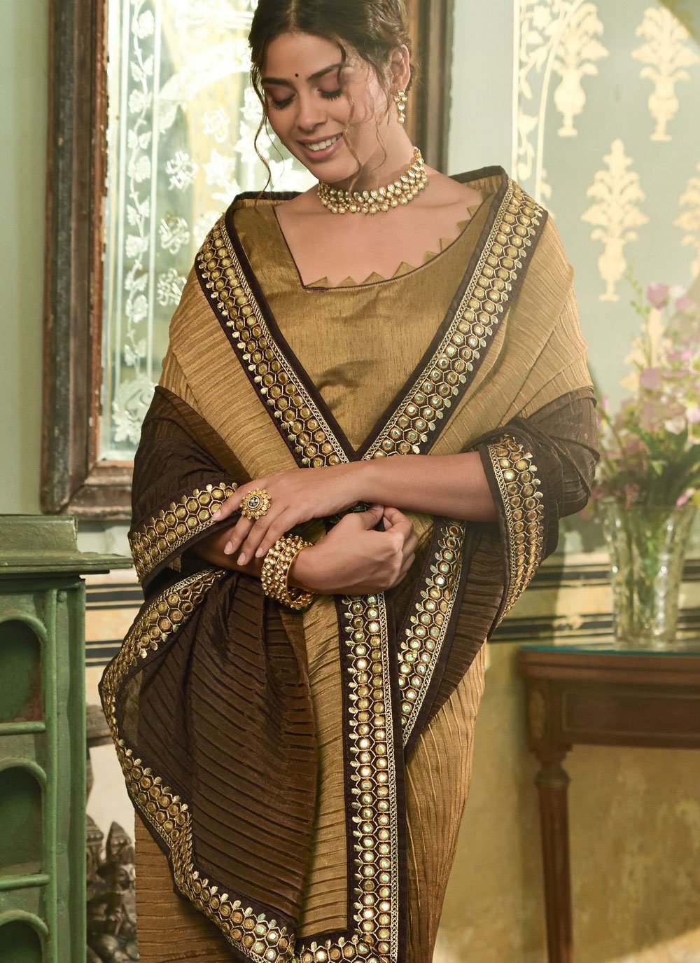 Trendy Saree Chinon Brown Embroidered Saree