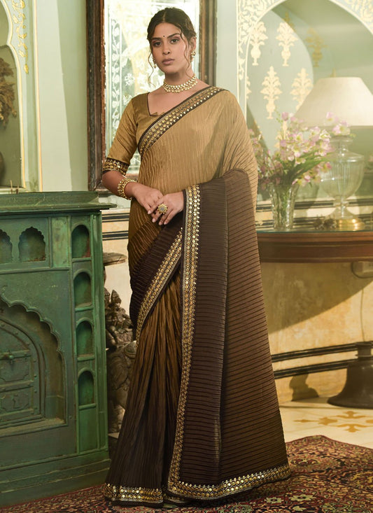 Trendy Saree Chinon Brown Embroidered Saree