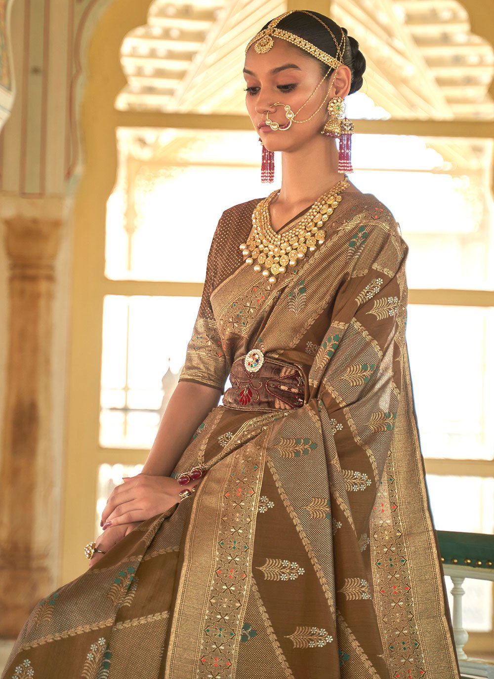 Classic Silk Brown Foil Print Saree