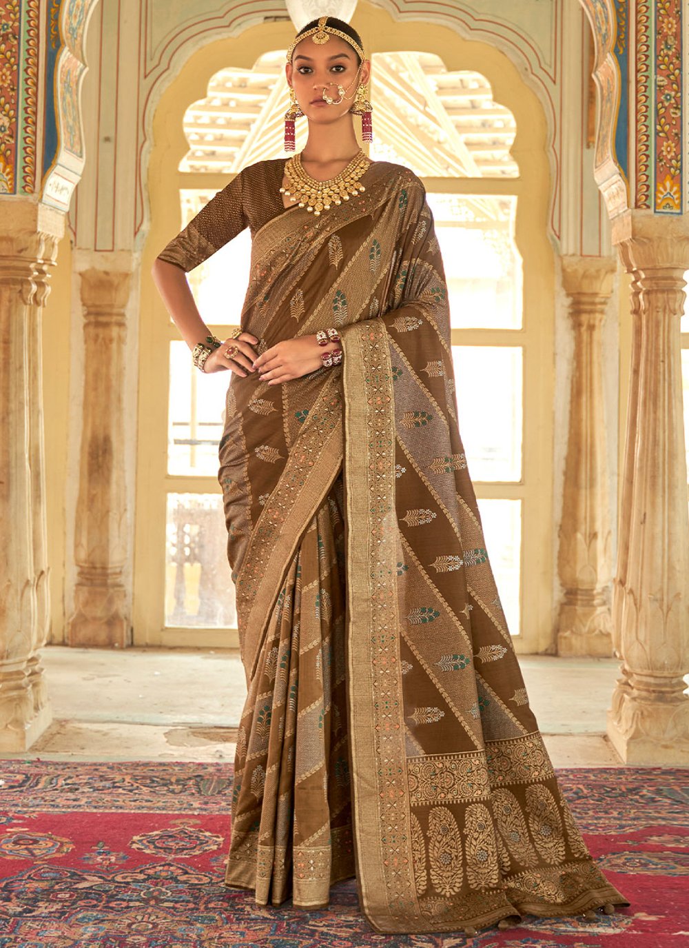 Classic Silk Brown Foil Print Saree