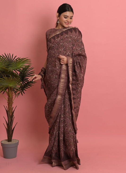 Casual Cotton Brown Embroidered Saree