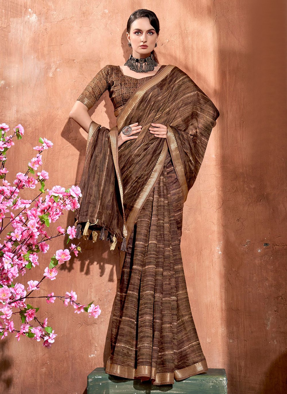 Classic Cotton Brown Print Saree