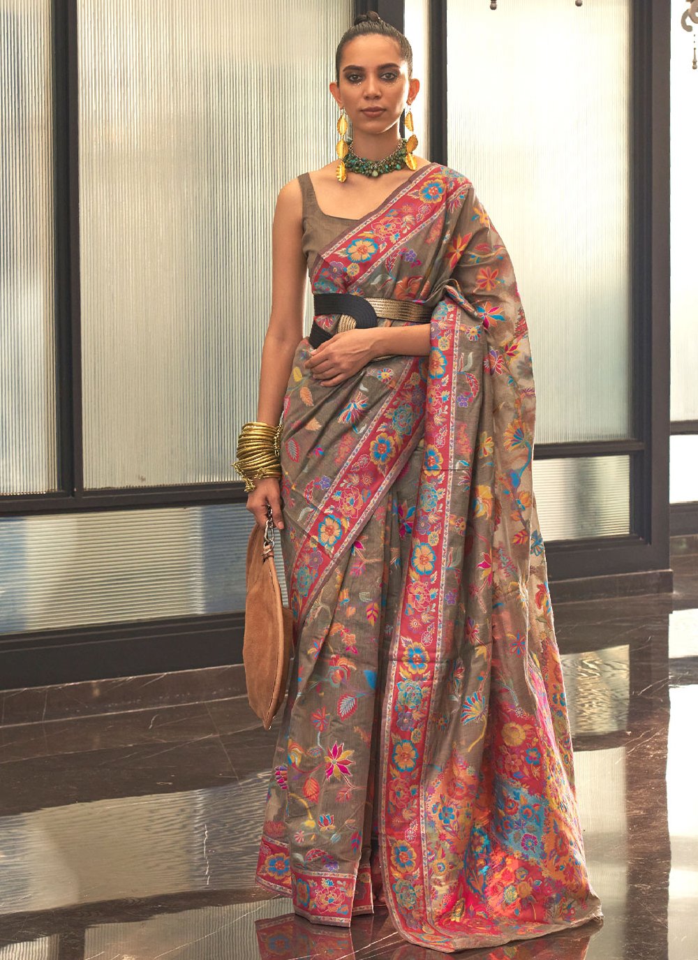 Contemporary Handloom Silk Brown Weaving Saree