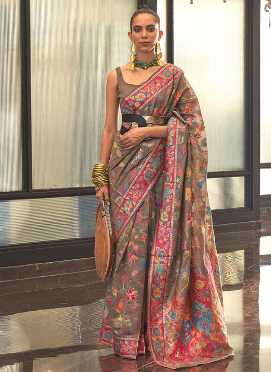 Contemporary Handloom Silk Brown Weaving Saree