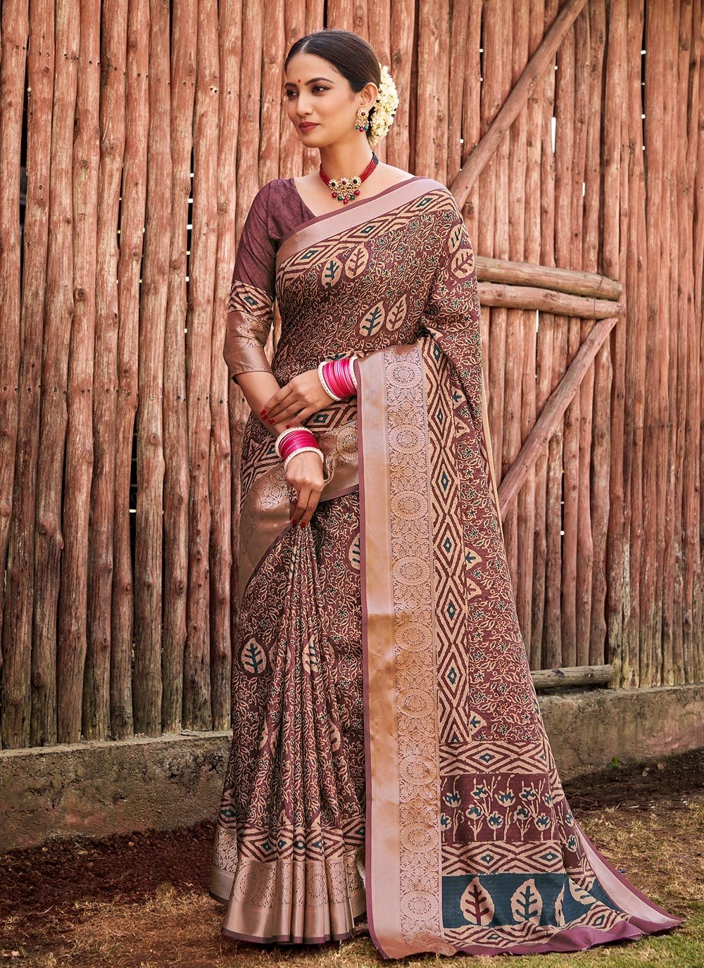 Contemporary Silk Brown Digital Print Saree
