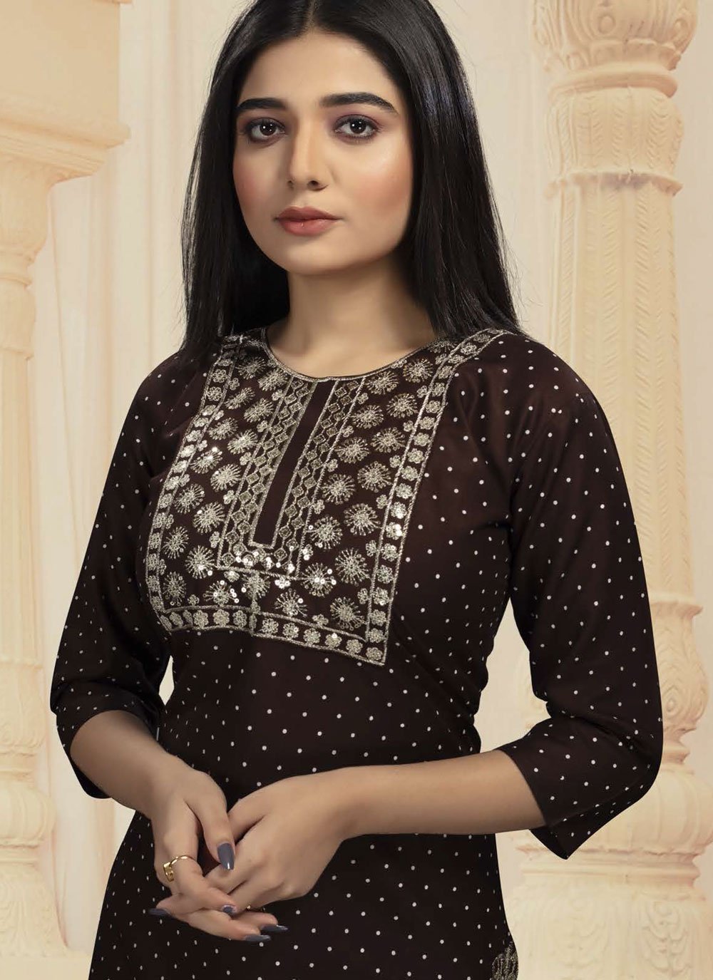 Designer Kurti Rayon Brown Embroidered Kurtis