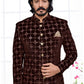 Jodhpuri Suit Velvet Brown Embroidered Mens