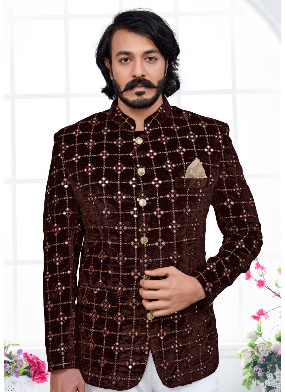 Jodhpuri Suit Velvet Brown Embroidered Mens