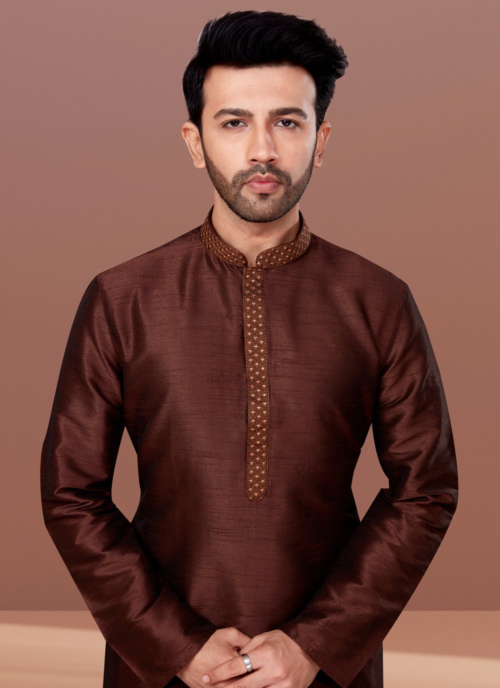 Kurta Pyjama Dupion Silk Brown Embroidered Mens