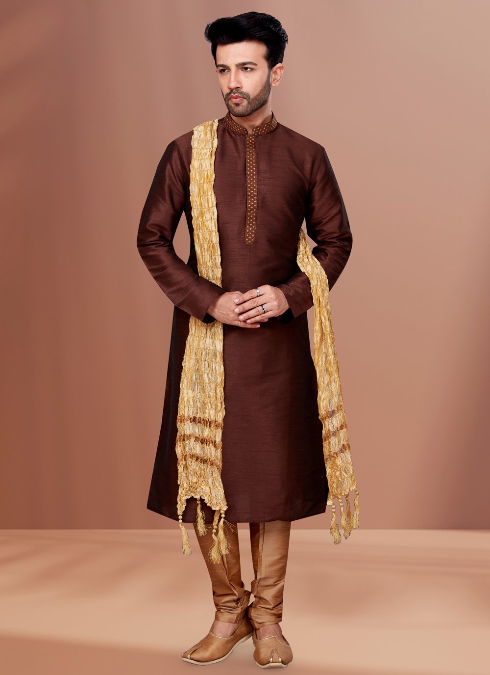 Kurta Pyjama Dupion Silk Brown Embroidered Mens