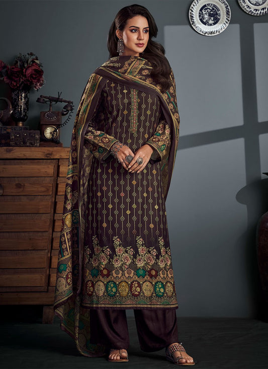 Salwar Suit Pashmina Brown Digital Print Salwar Kameez