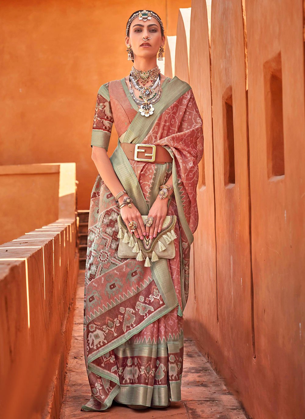 Classic Cotton Silk Brown Foil Print Saree