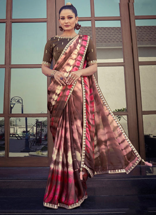 Trendy Saree Crepe Silk Satin Brown Embroidered Saree