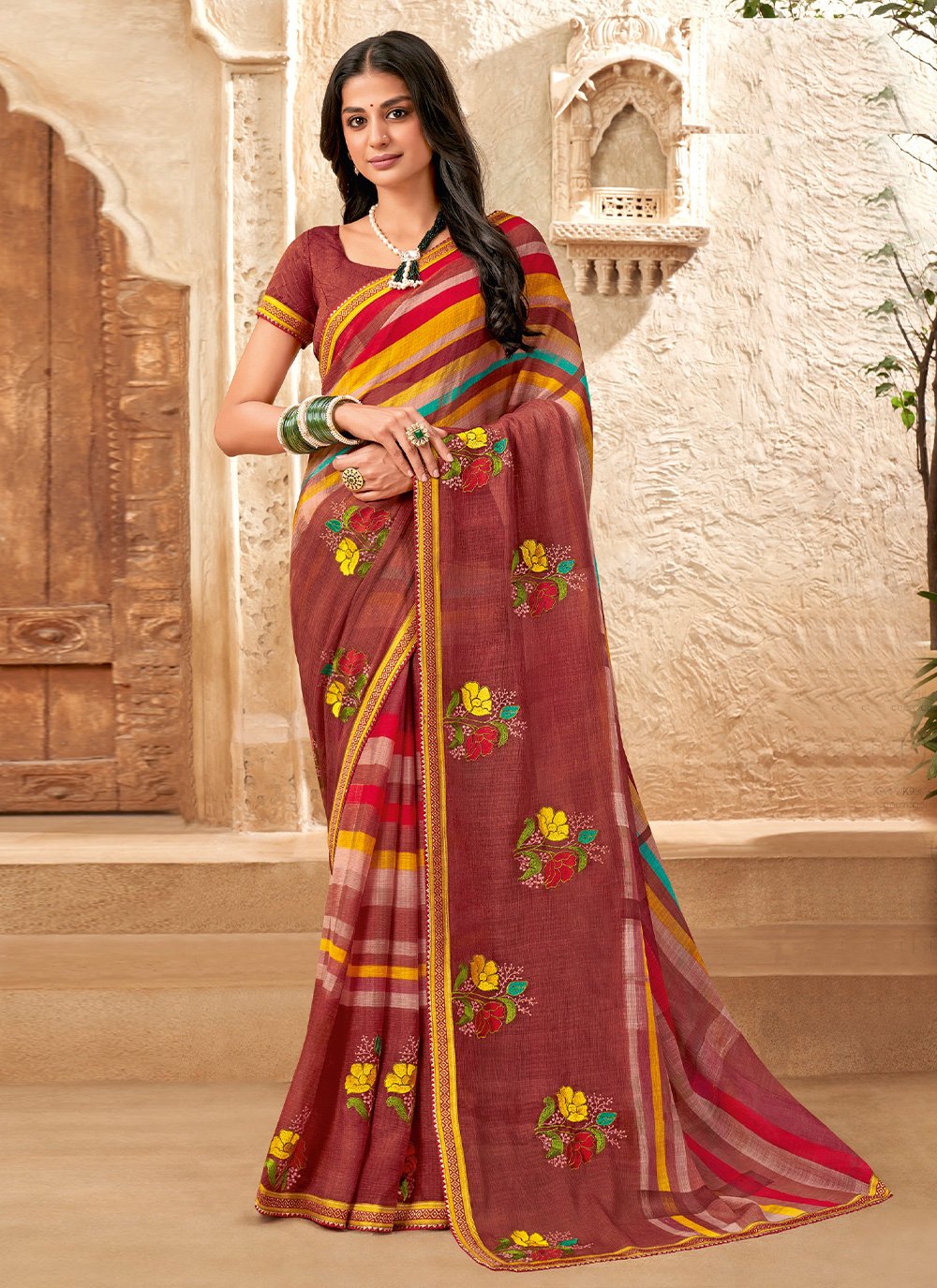 Contemporary Chiffon Brown Fancy Work Saree