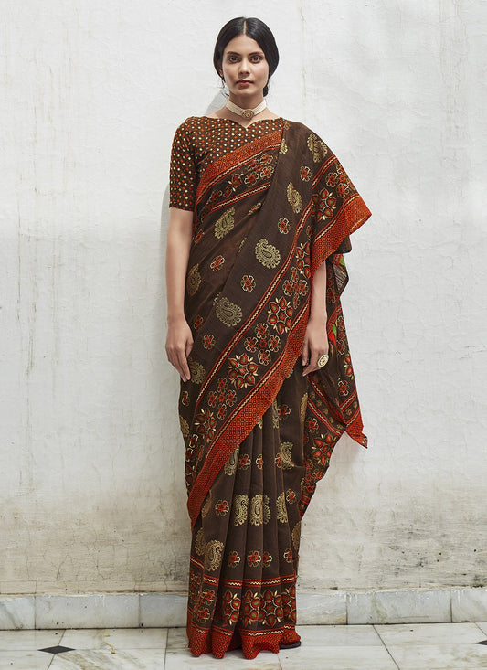 Casual Cotton Brown Foil Print Saree