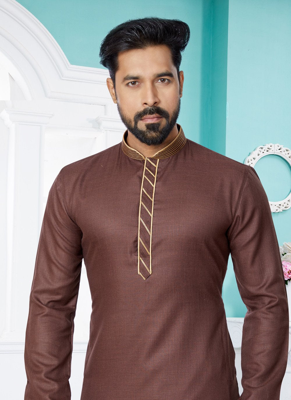 Kurta Pyjama Cotton Brown Plain Mens